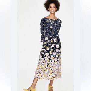 Boden Blue and White floral polka dot Pleated Midi Dress with Bell Sleeves size